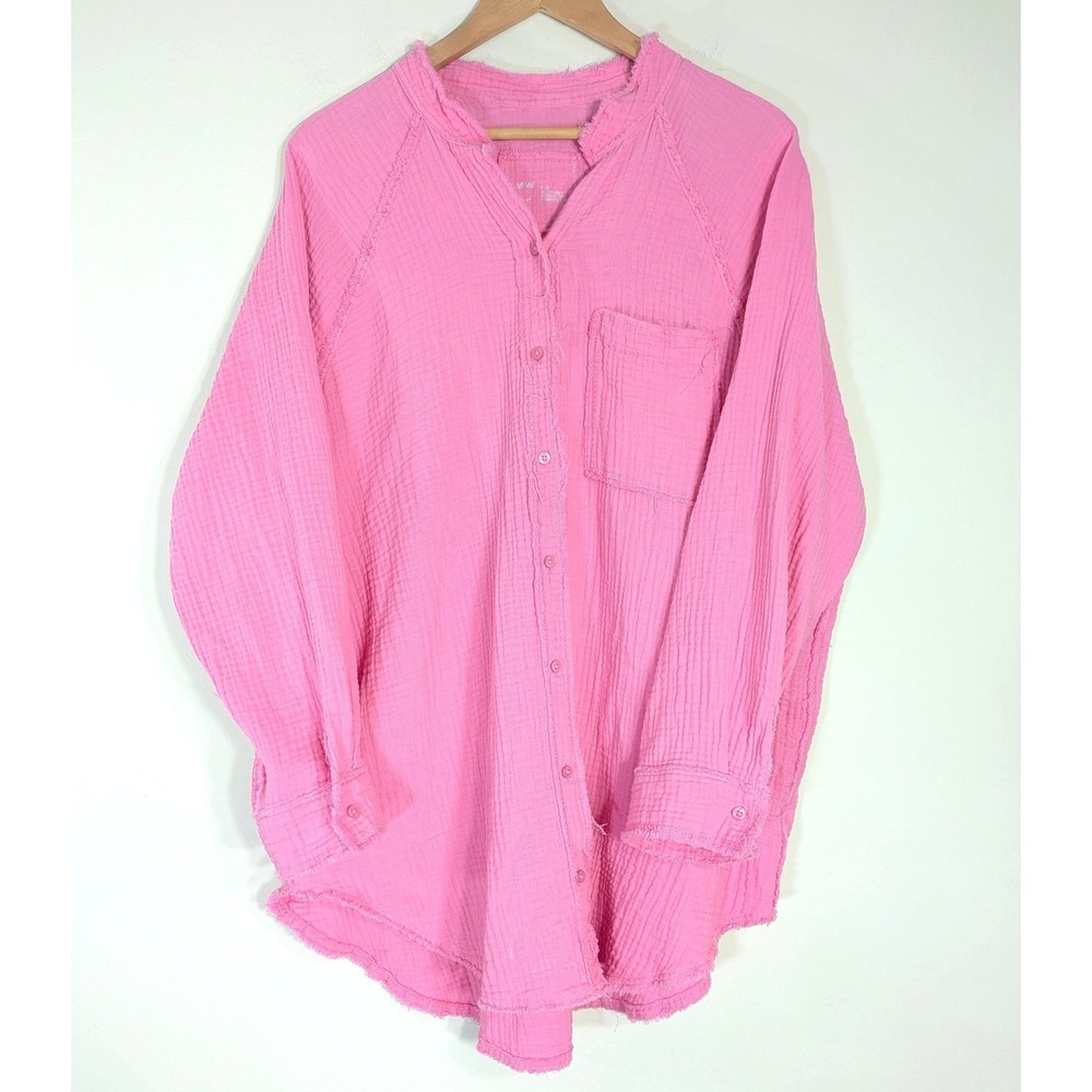 Aerie Pink Button Down; Gauze Cotton Raw Hem Oversized Boho